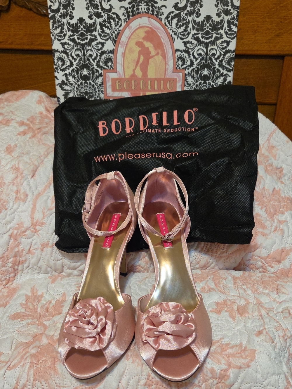 Bordello Rose-Pink Satin Open-Toe Heels with Rosette Accent
